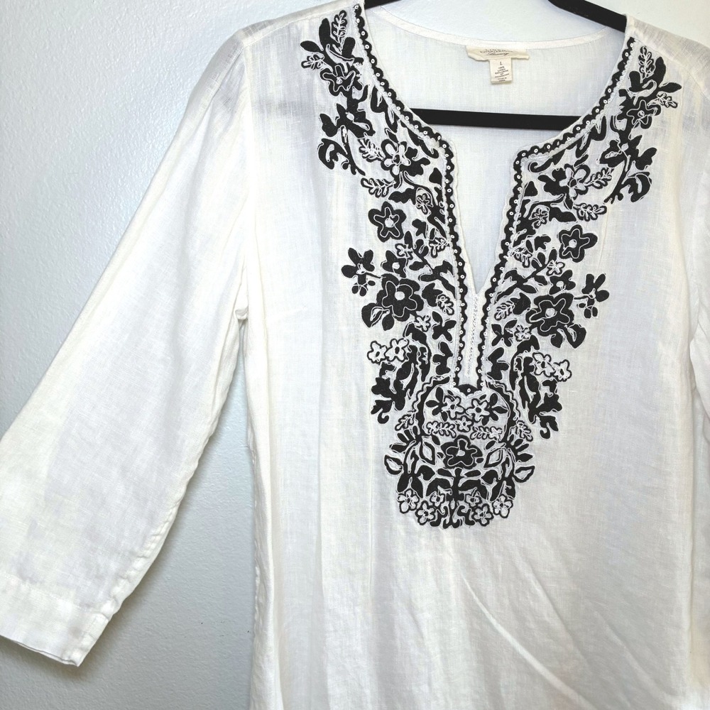 Charter Club Luxury Linen Embroidered Top Blouse Lightweight Old Money Large